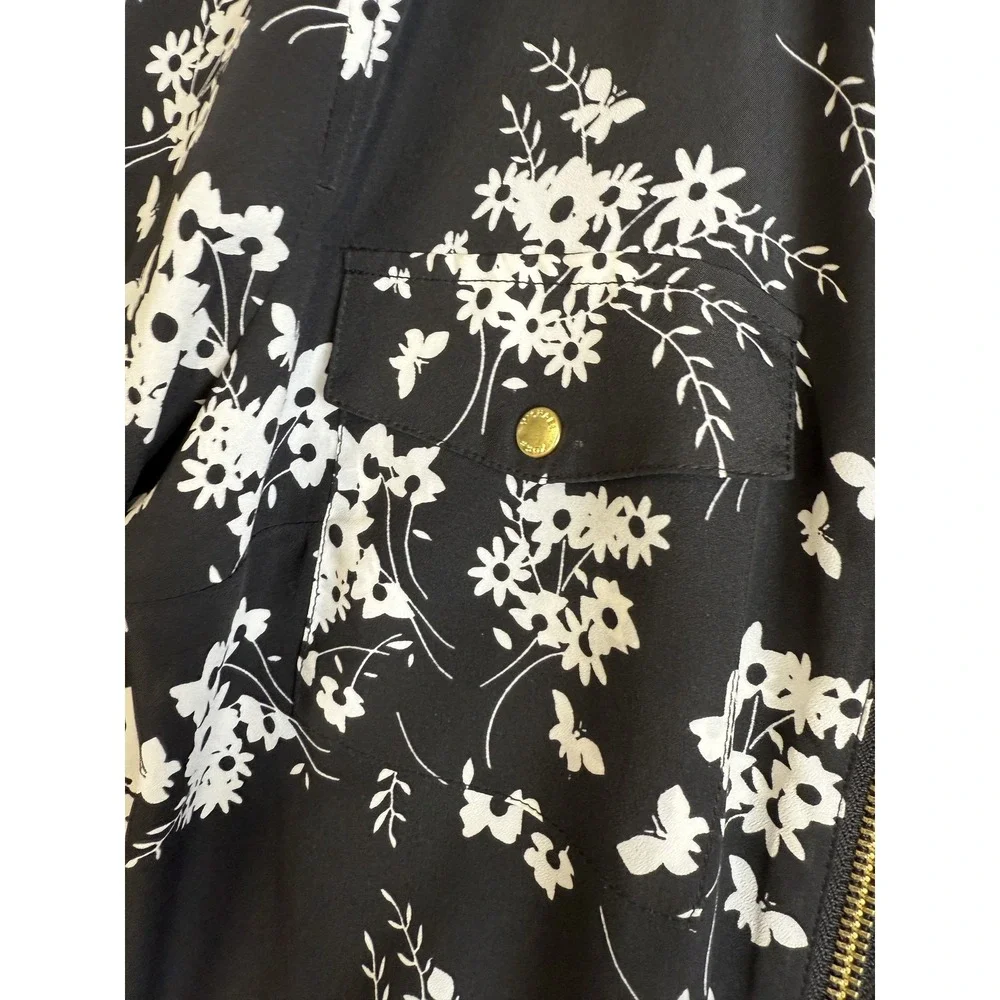 Michael Kors Jacket Womens Medium Black White Floral Full Zip Gold Accents Shirt